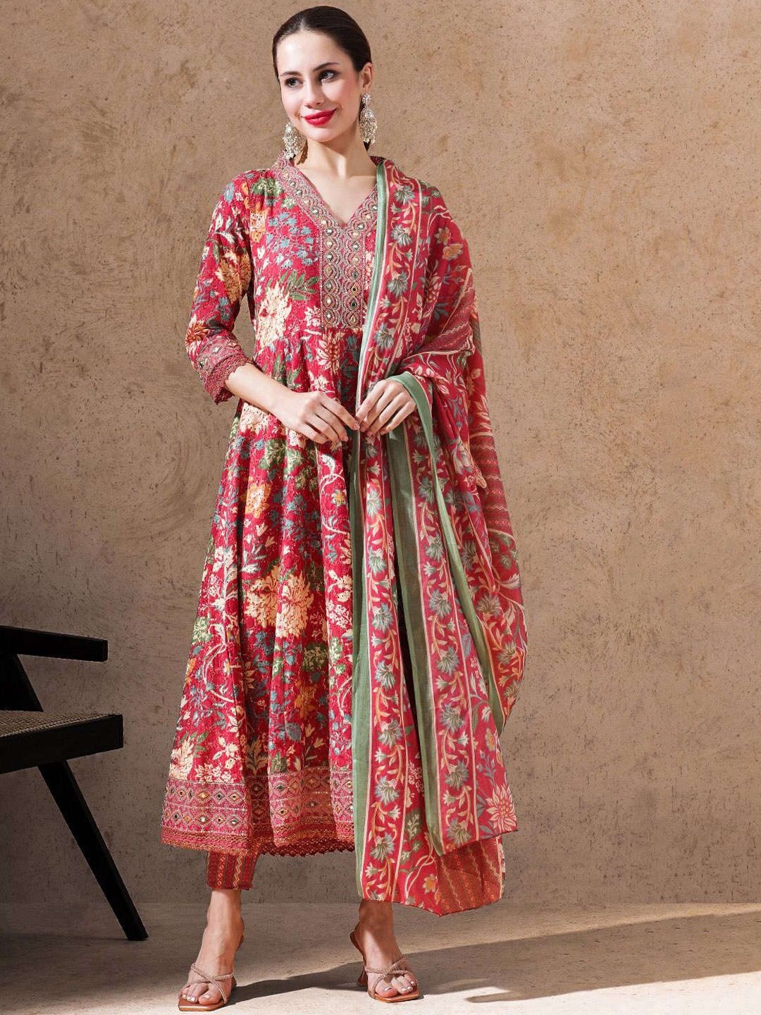 

STYLEBAAZI Floral Printed Schiffli Zari Pure Cotton Anarkali Kurta With Trouser & Dupatta, Red