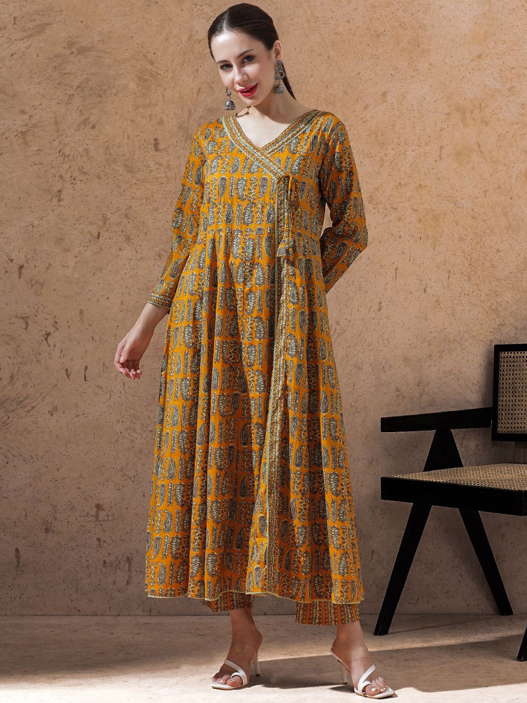 

STYLEBAAZI Ethnic Motifs Printed Angrakha V-Neck Pure Cotton Anarkali Kurta With Trousers, Mustard