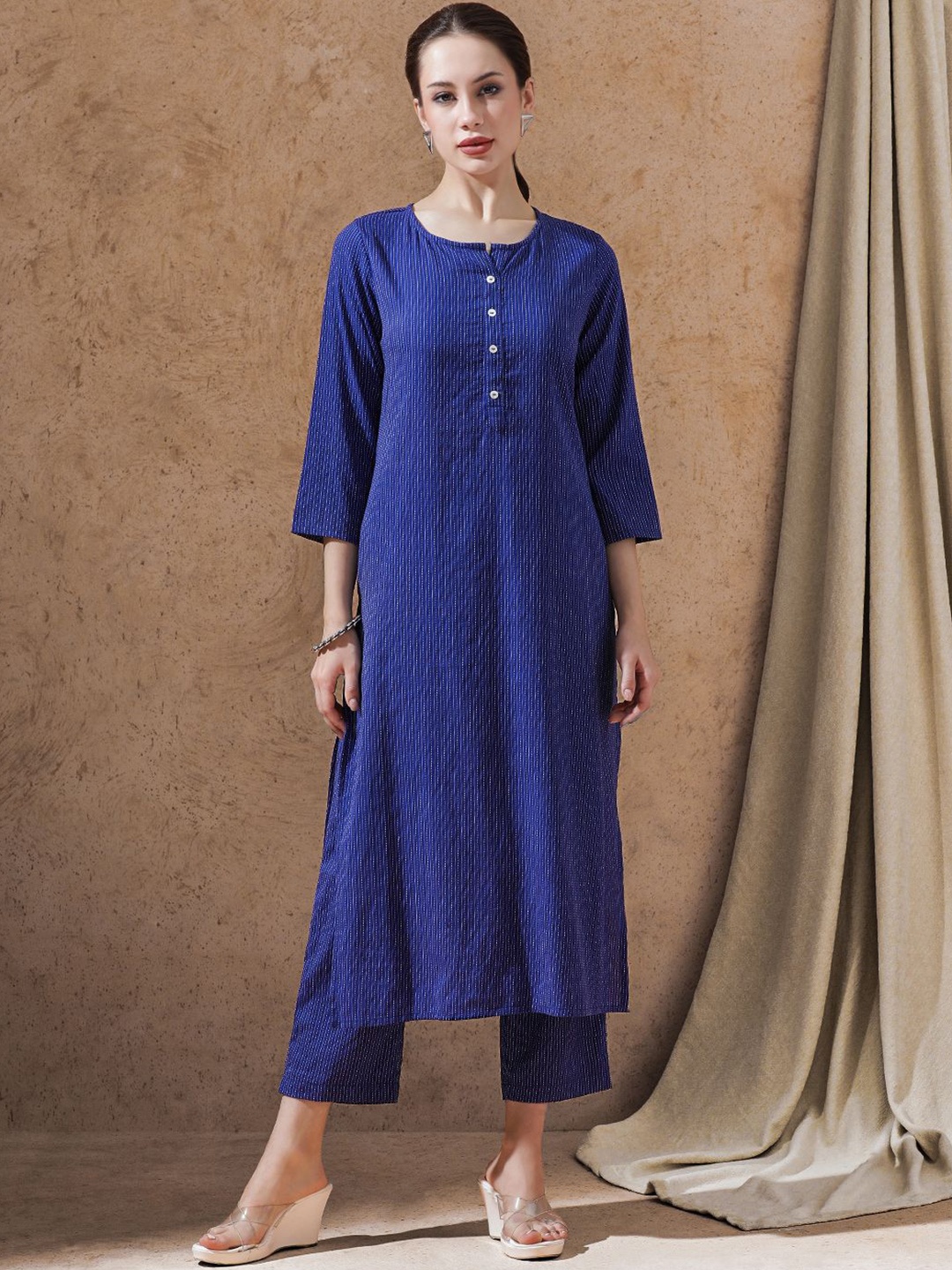 

STYLEBAAZI Striped Kantha Work Pure Cotton Straight Kurta with Trousers, Blue
