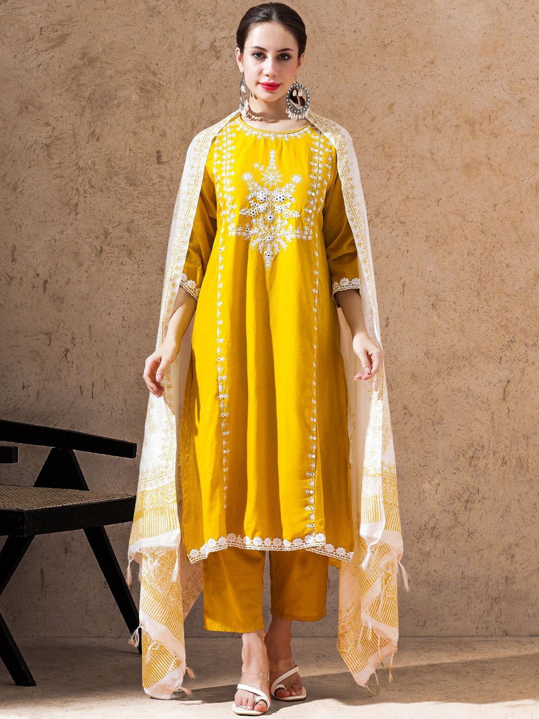 

STYLEBAAZI Floral Embroidered Pure Cotton Straight Kurta With Trouser & Dupatta, Yellow