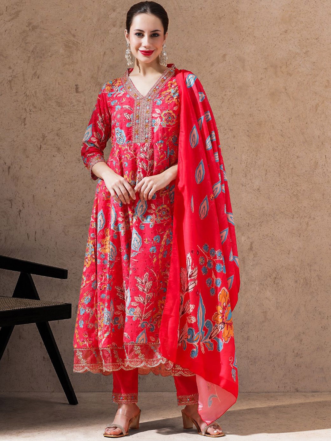 

STYLEBAAZI Floral Printed Schiffli Zari Pure Cotton Anarkali Kurta With Trouser & Dupatta, Red