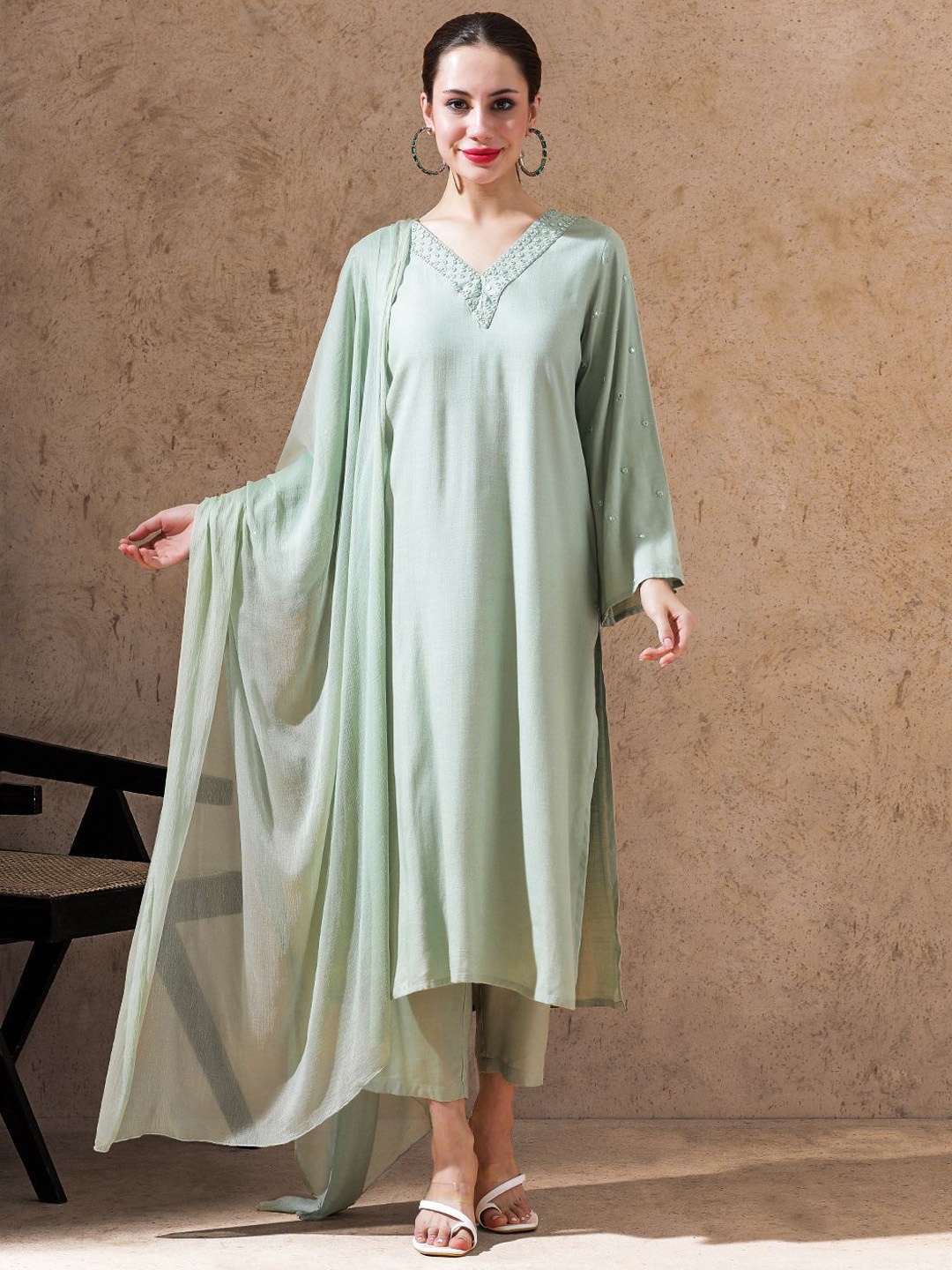 

STYLEBAAZI Embroidered Flared Sleeves V-Neck A-Line Kurta With Trousers And Dupatta, Green