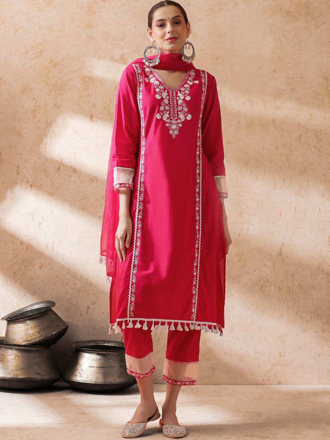 

STYLEBAAZI Floral Embroidered Thread Work Pure Cotton Kurta With Trouser And Dupatta, Pink