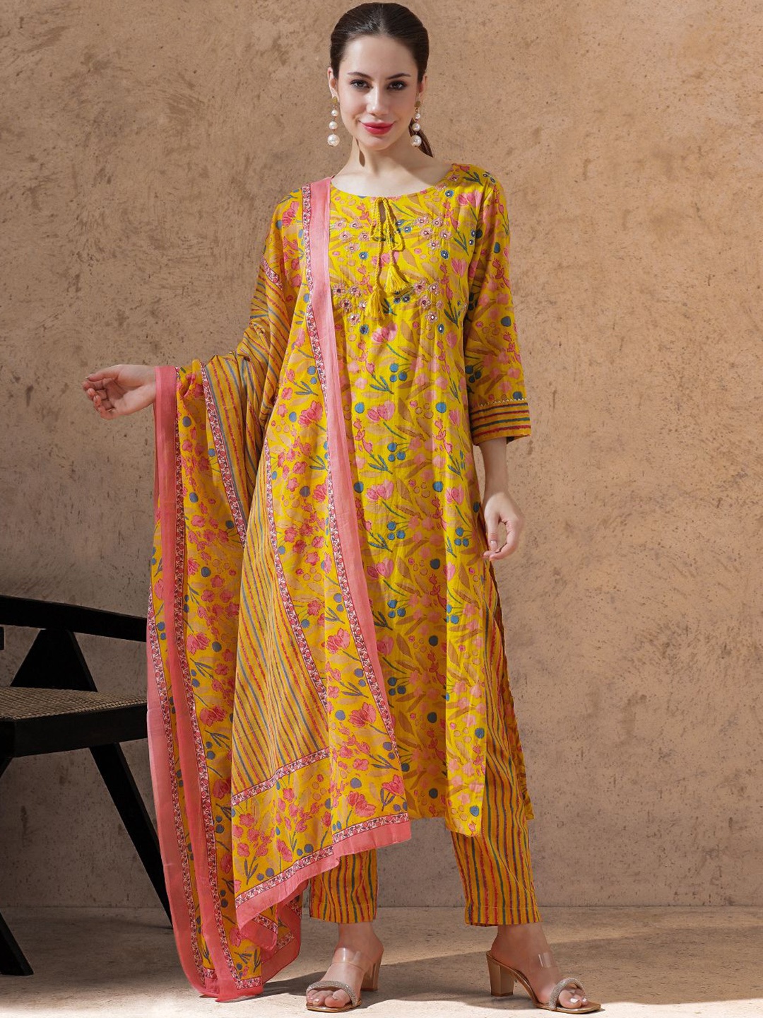 

STYLEBAAZI Floral Printed Sequinned Straight Kurta With Trouser And Dupatta, Yellow