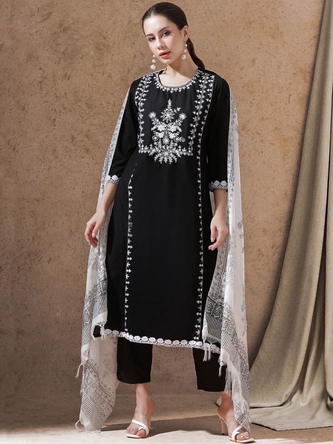 

STYLEBAAZI Floral Embroidered Pure Cotton Straight Kurta With Trousers And Dupatta, Black