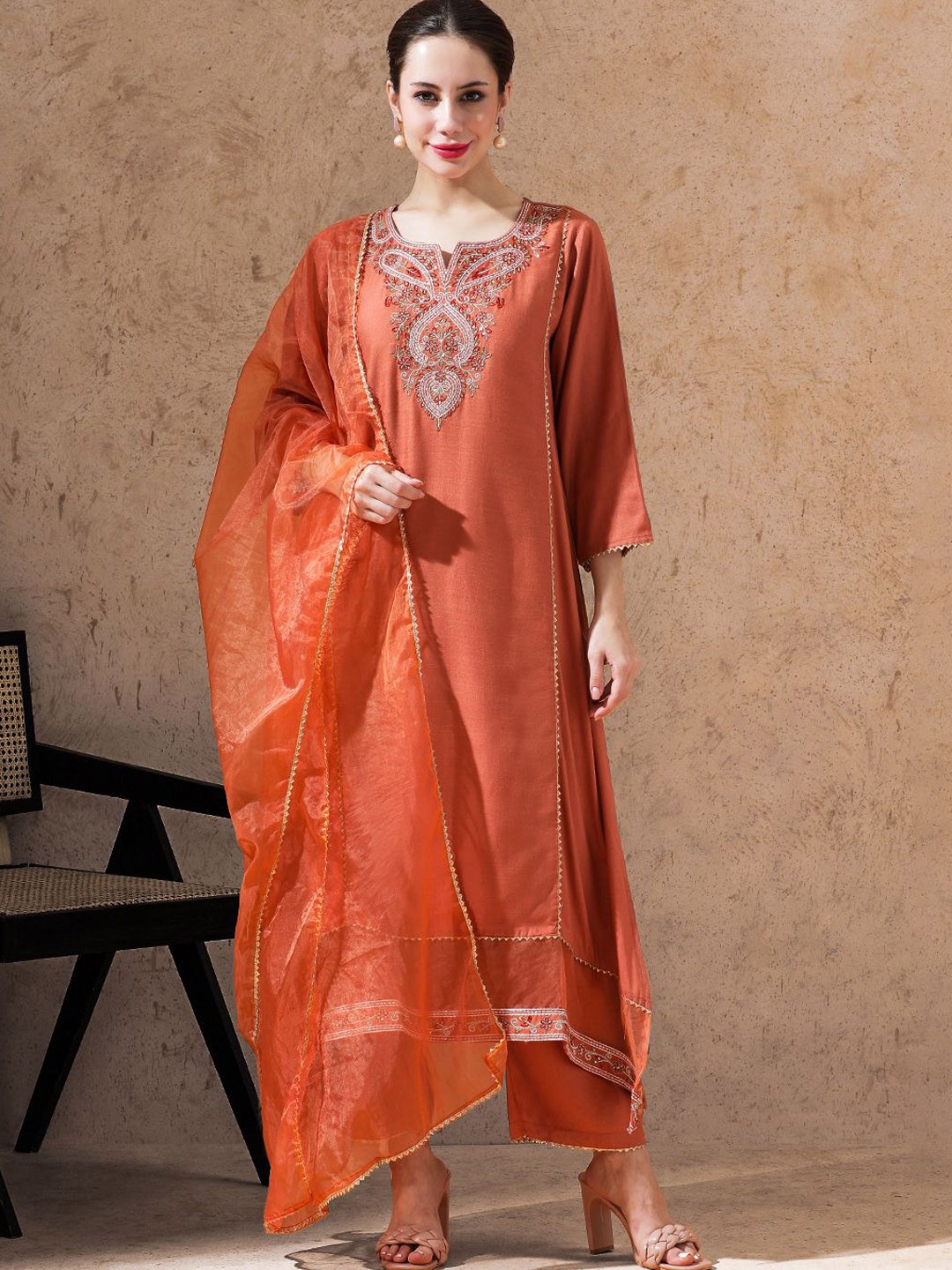 

STYLEBAAZI Floral Embroidered Pure Cotton A-Line Kurta With Trouser & Dupatta, Brown