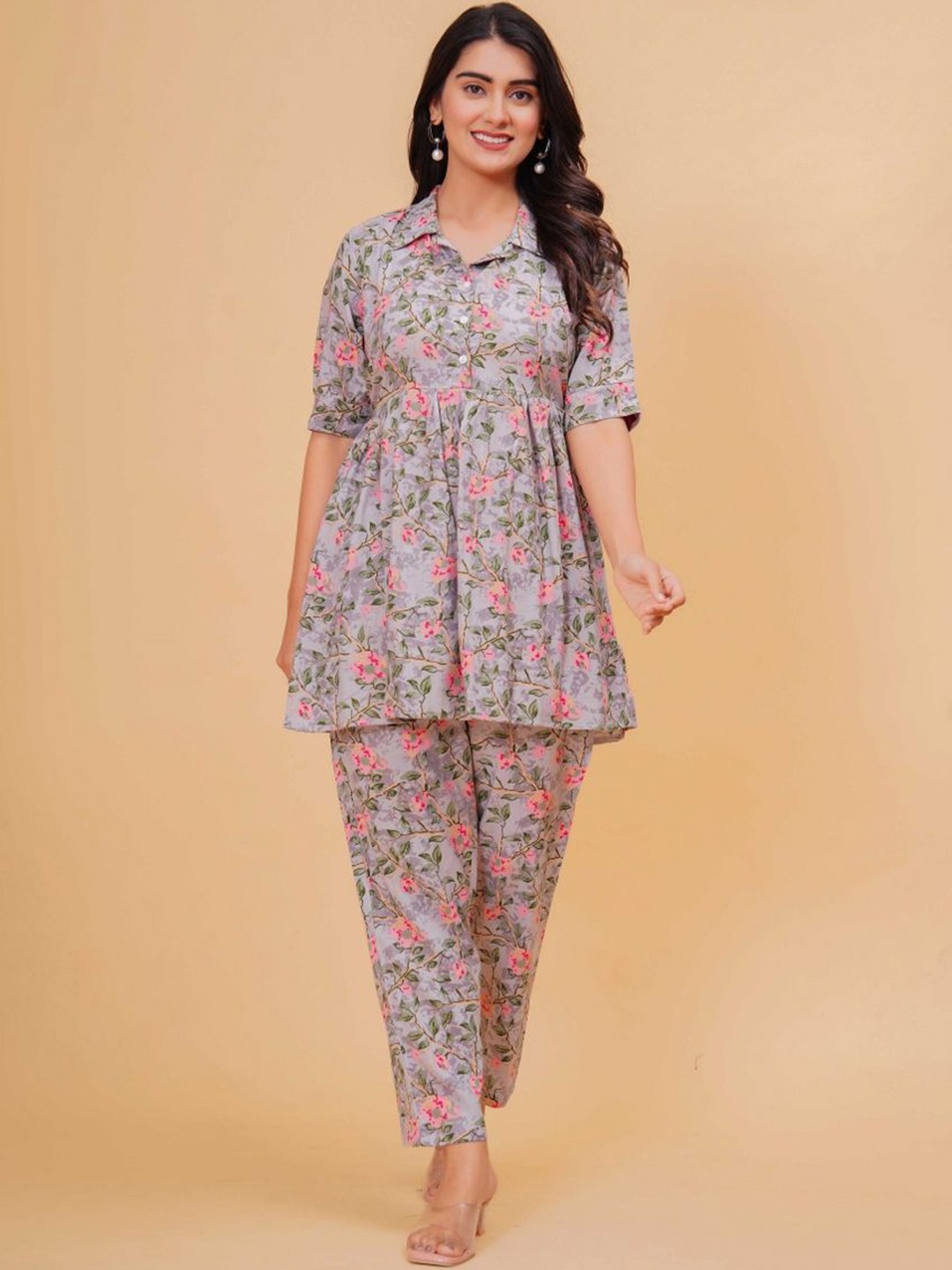 

BAESD Printed Lapel Collar Tunic With Trousers, Grey