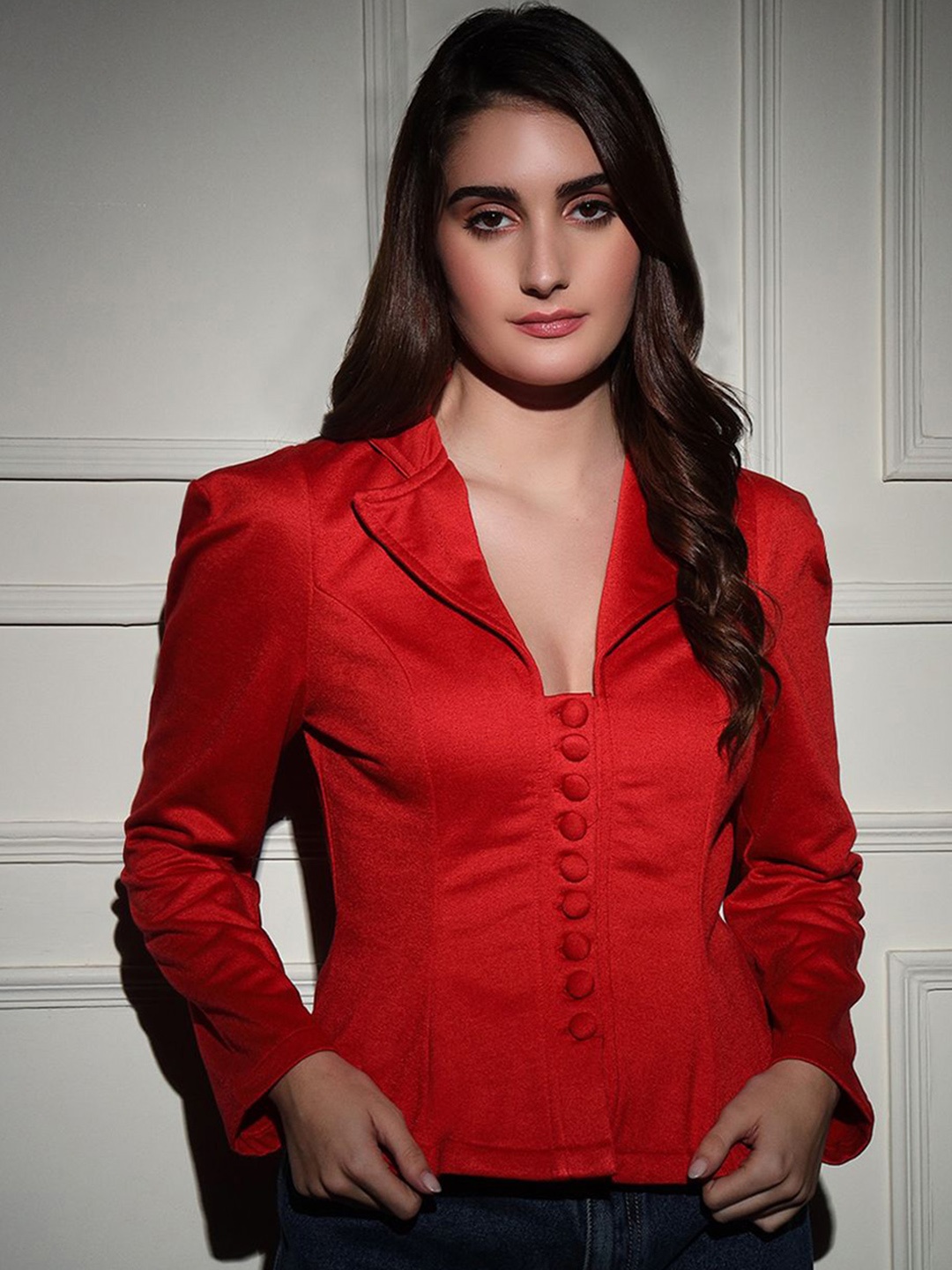 

BAESD Lapel Collar Long Sleeves Fitted Top, Red