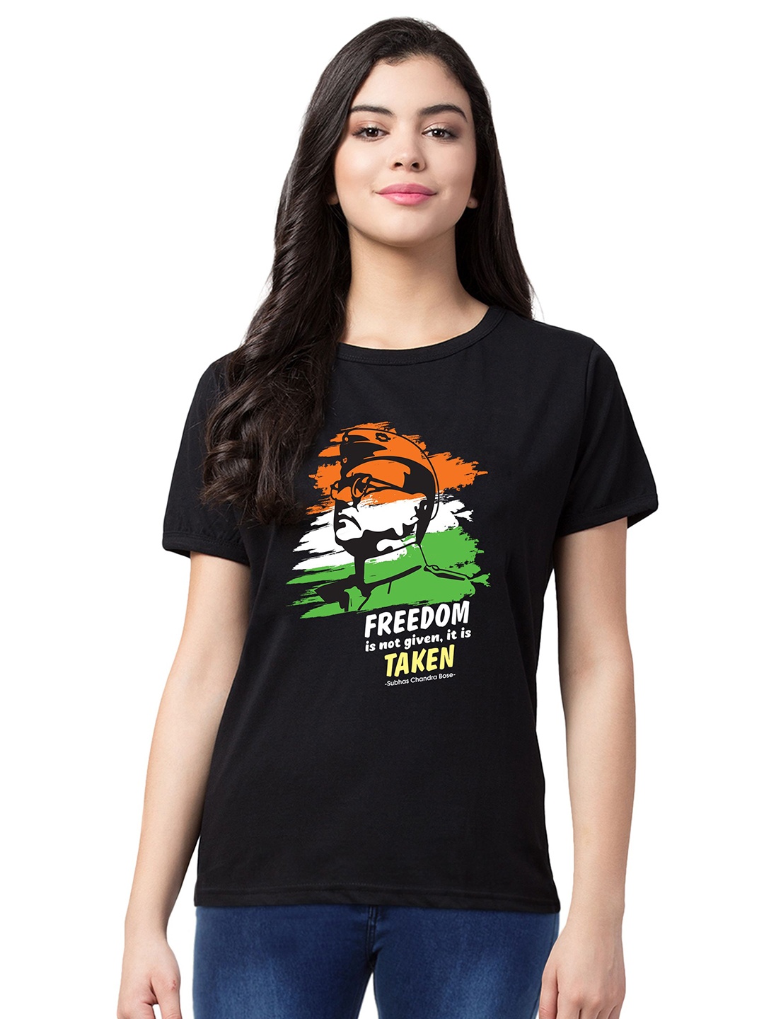 

FFLIRTYGO Women Graphic Printed Round Neck Cotton Casual T-shirt, Black