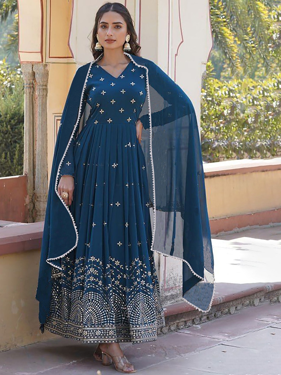 BAESD Floral Embroidered V-Neck Thread Work Fit and Flare Ethnic Dress, Blue