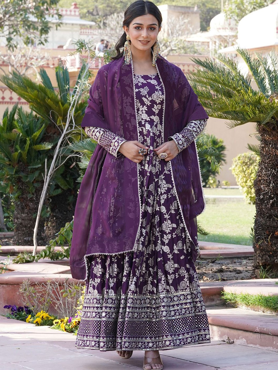 

BAESD Floral Embroidered Round Neck Gathered or Pleated Anarkali Ethnic Dress With Dupatta, Purple