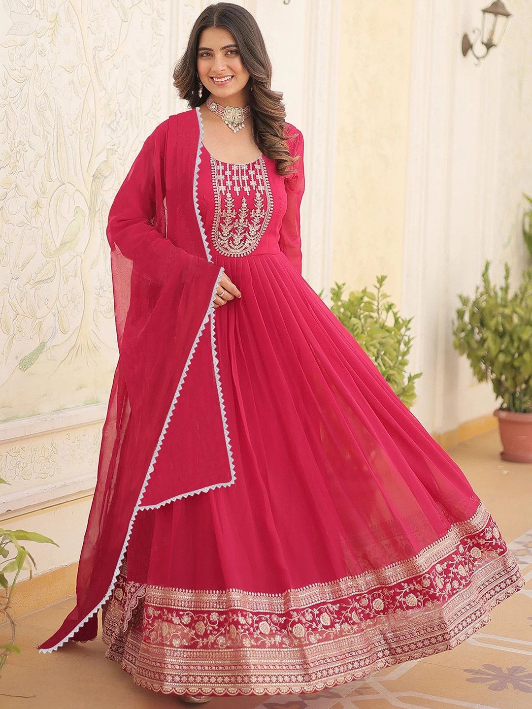 

BAESD Floral Embroidered Round Neck Anarkali Georgette Gown With Dupatta, Pink
