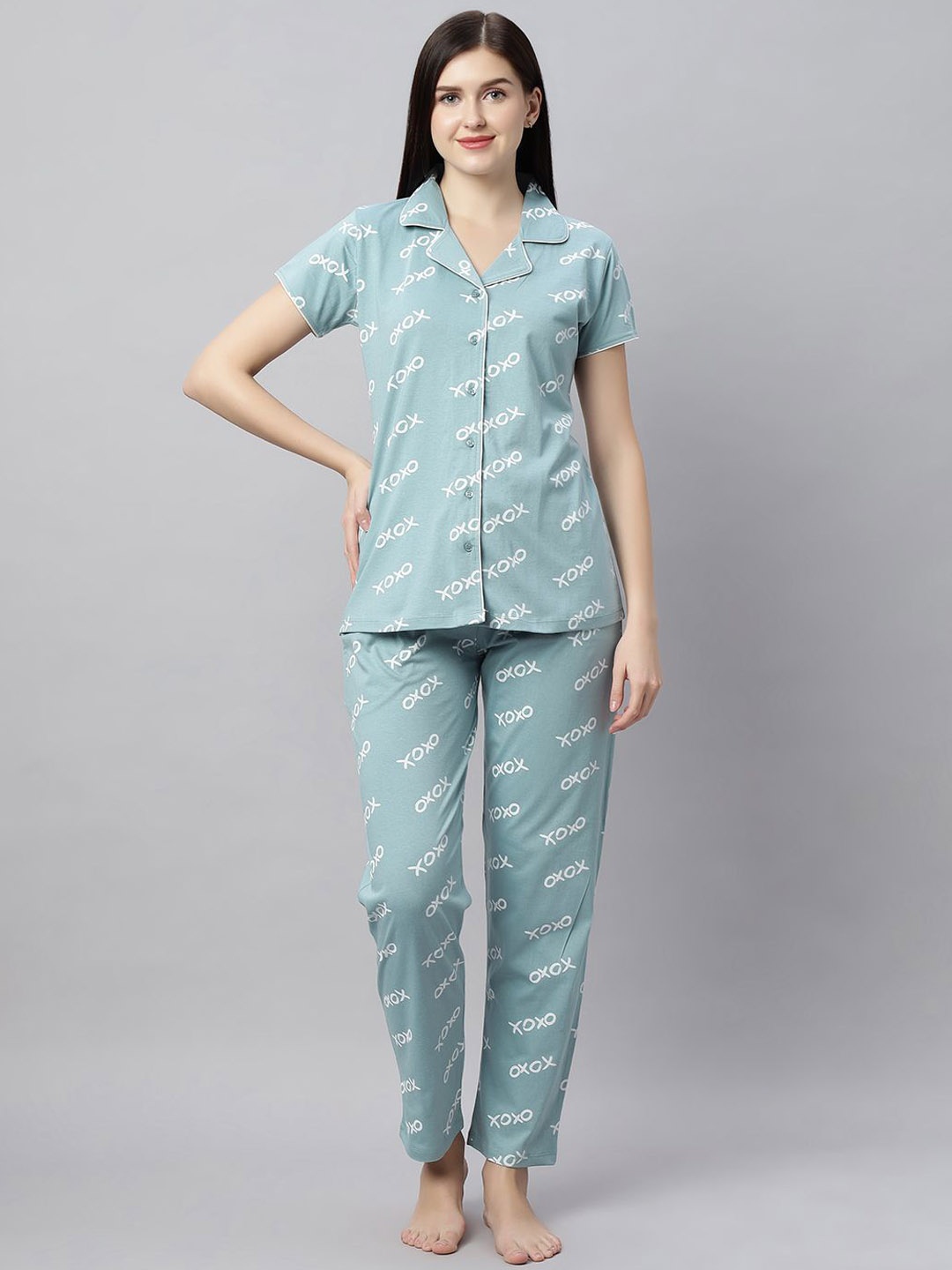 

QUIRA Women Printed Lapel Collar Night suit, Sea green