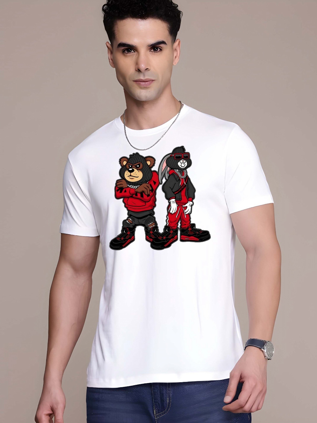 

KAIDO Men Graphic Printed Round Neck Cotton T-shirt, White