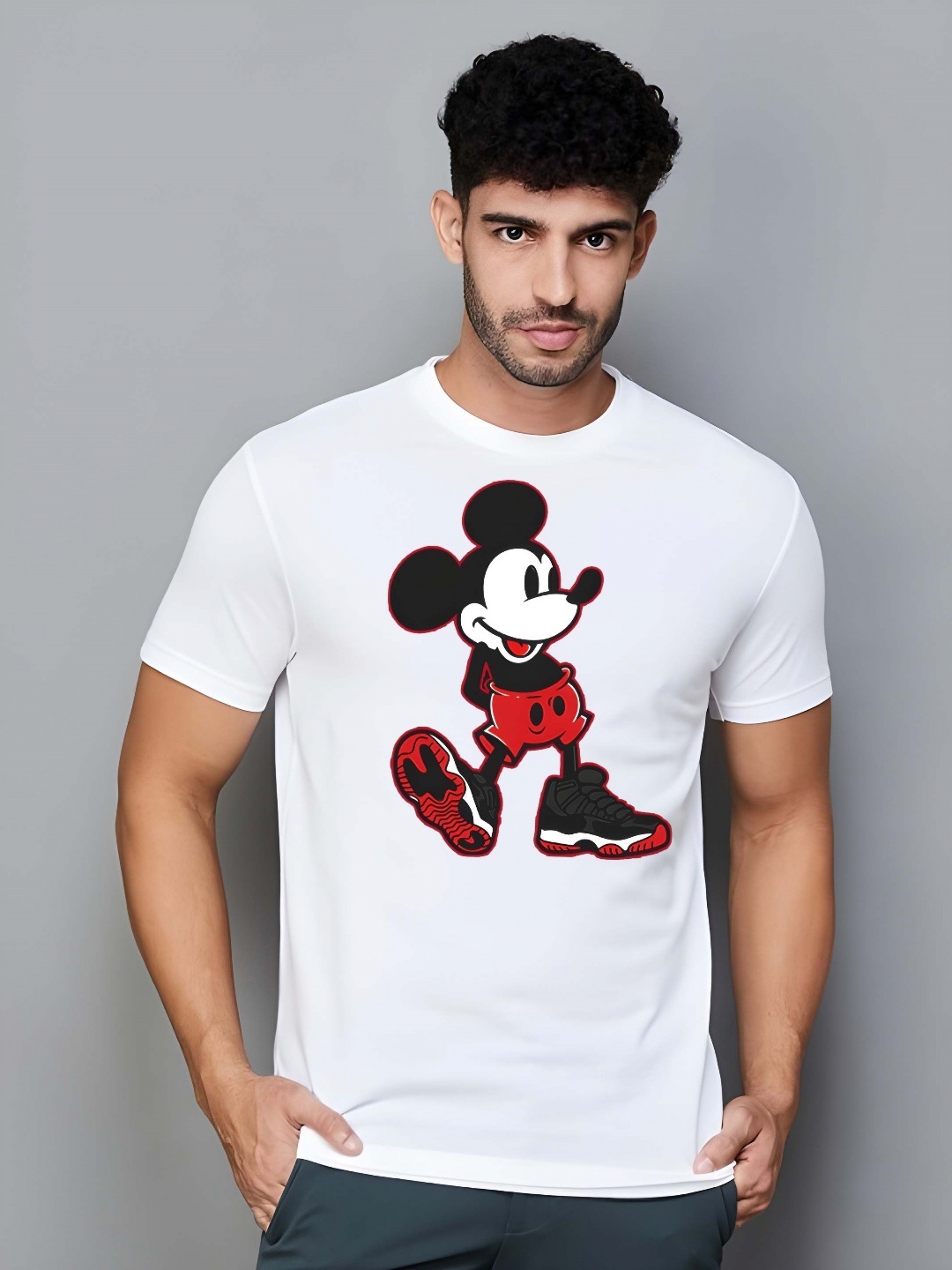 

KAIDO Men Mickey Mouse Graphic Printed Round Neck Cotton T-shirt, White
