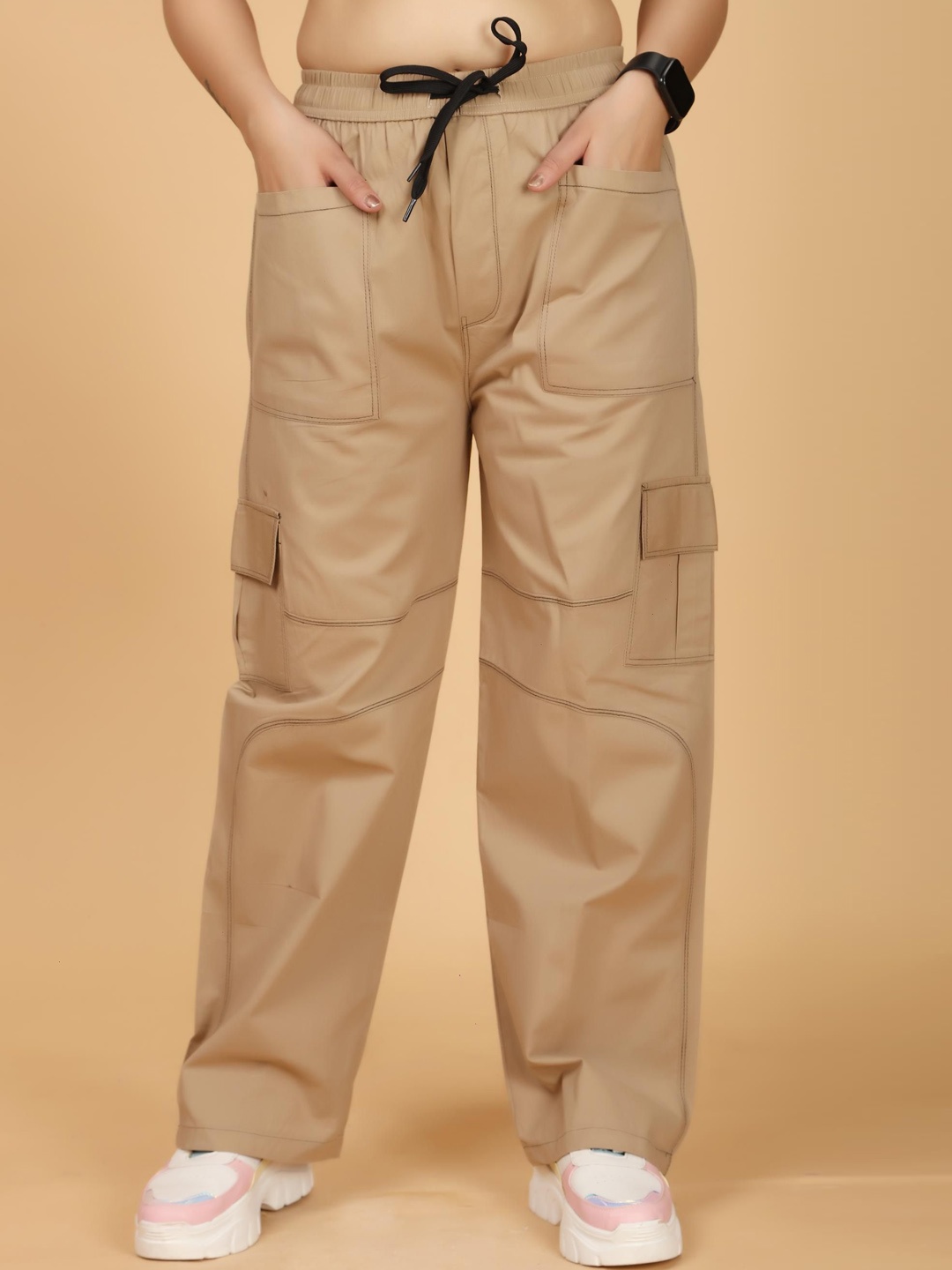 

MILEY Women Relaxed Regular Fit Mid-Rise Cargo Styles Trousers, Beige