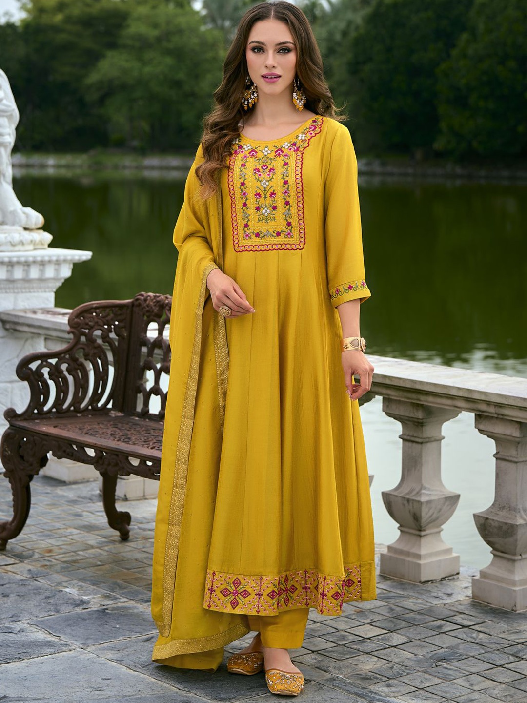 

VredeVogel Floral Embroidered Round Neck Anarkali Kurta With Trouser And Dupatta, Yellow