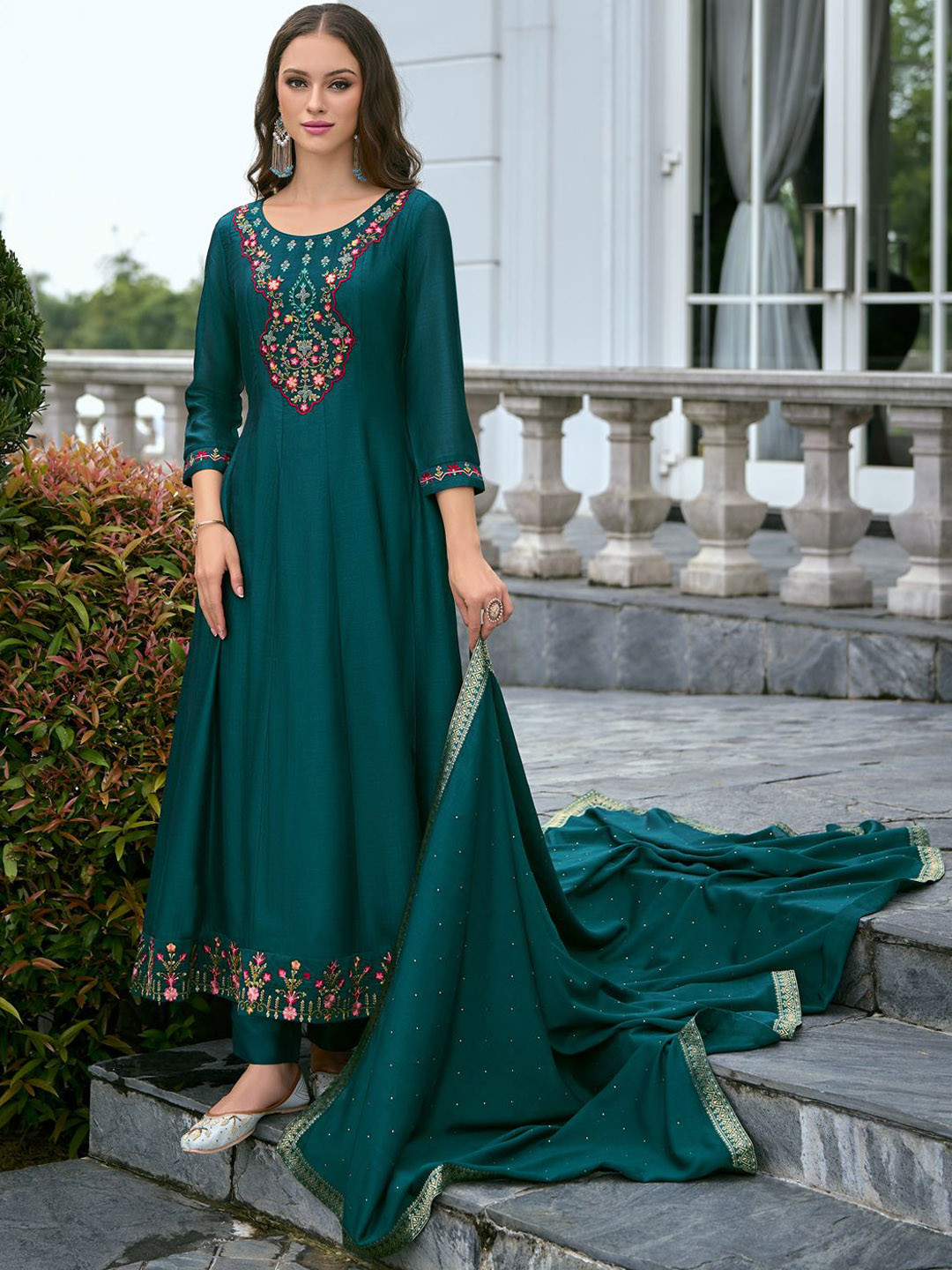 

VredeVogel Floral Embroidered V-Neck Sequinned Anarkali Kurta With Trouser And Dupatta, Teal