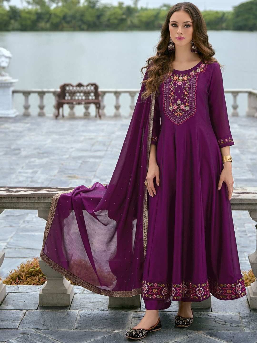 

VredeVogel Floral Embroidered Sequinned Round Neck Anarkali Kurta With Trouser And Dupatta, Purple