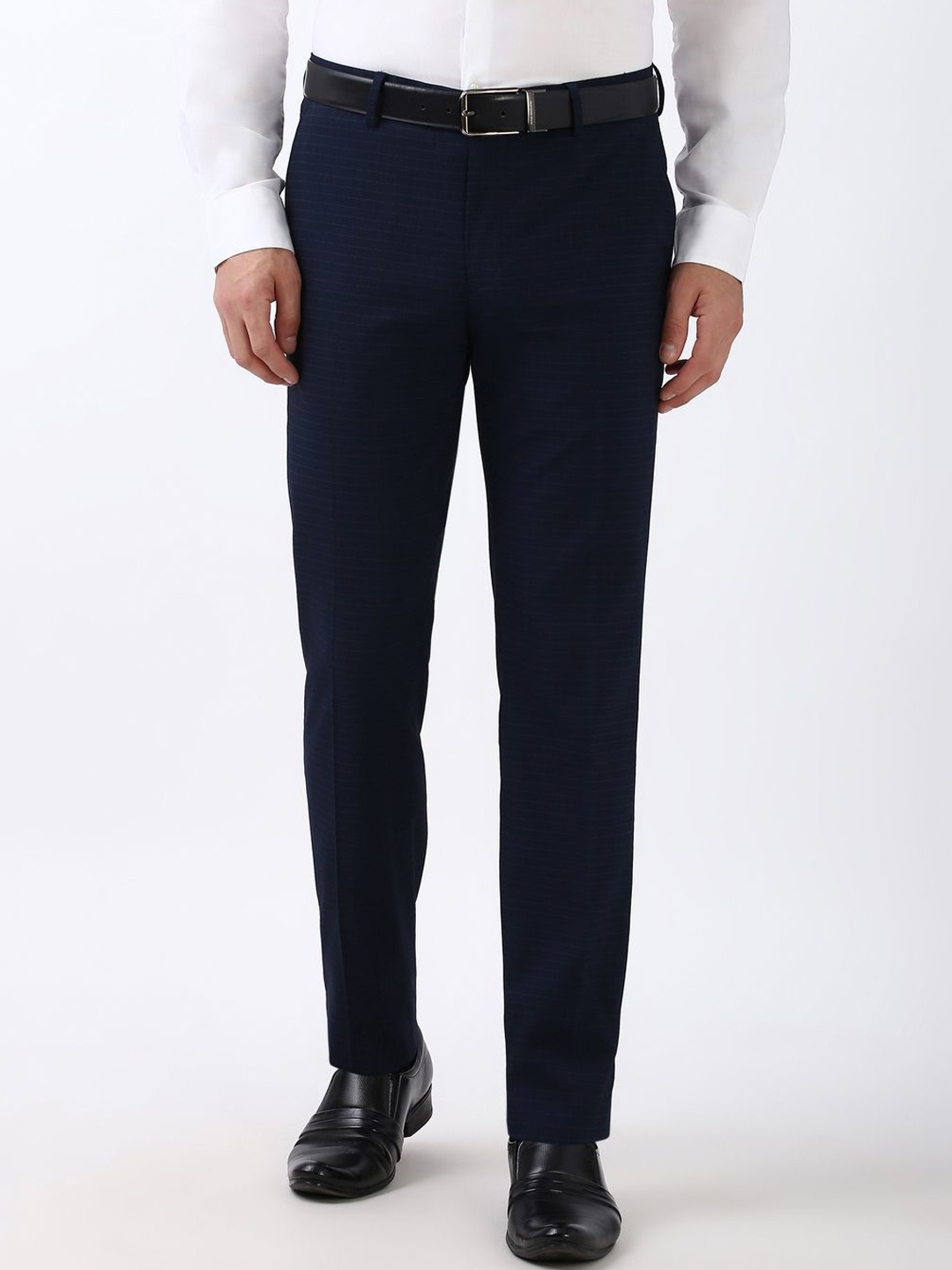 

Peter England Men Checked Slim Fit Mid-Rise Formal Trousers, Navy blue