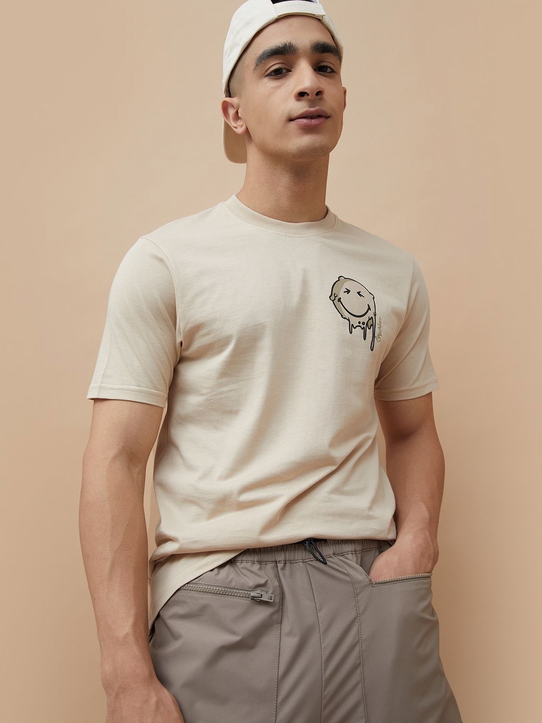 

SmileyWorld Men Graphic Printed Round Neck Cotton T-shirt, Beige