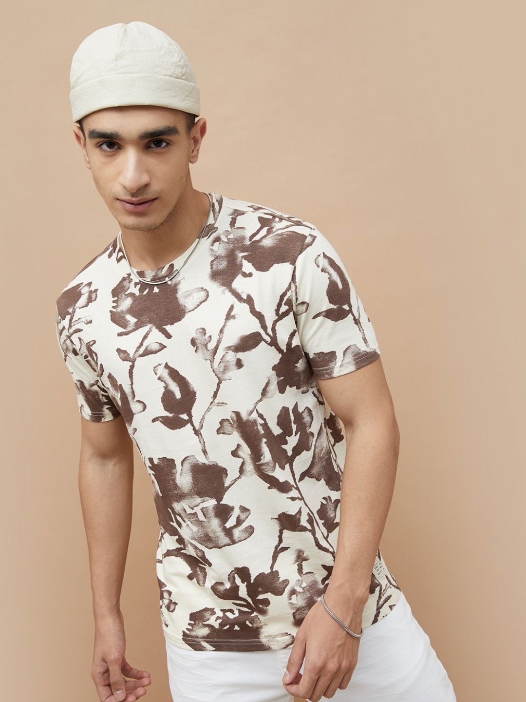 

Forca Men Floral Printed Round Neck Cotton T-shirt, Beige