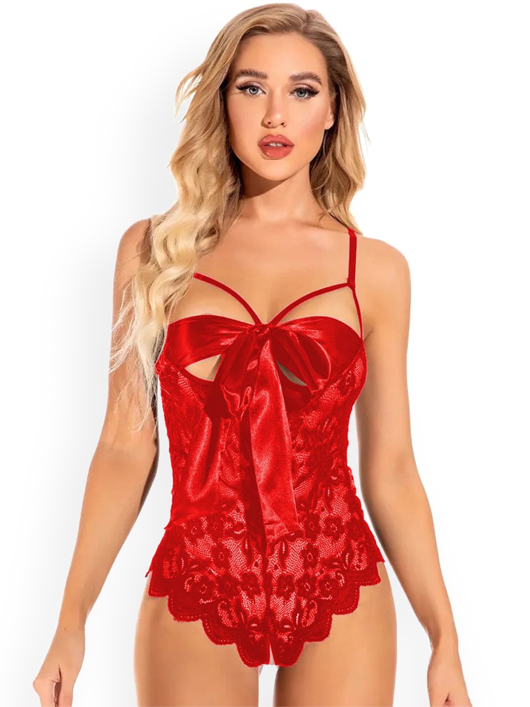 

KRENOZ Women Self Design Shoulder Straps Net Baby Doll, Red