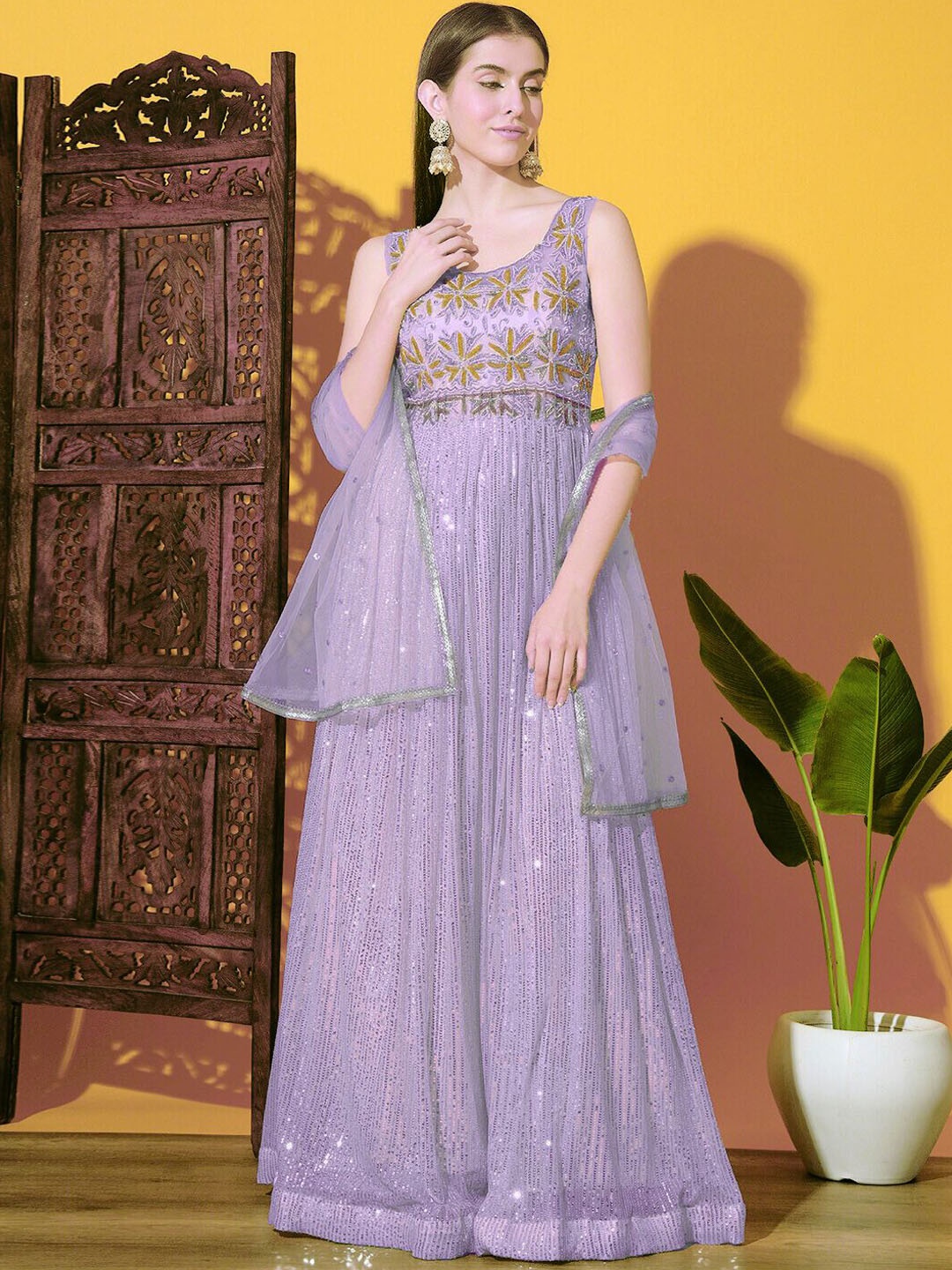 

Chhabra 555 Women Embellished Sleeveless Gown Maxi Ethnic Dresses With Dupatta, Lavender