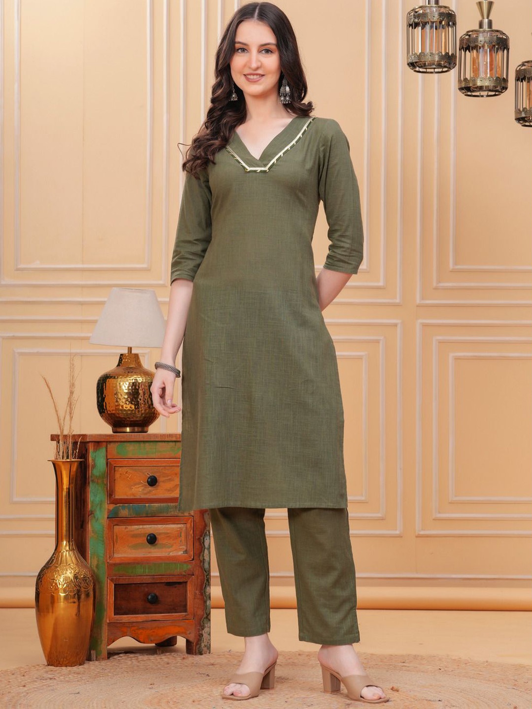 

Vilgi Pure Cotton Gotta Patti V-Neck Straight Kurta with Trousers, Olive