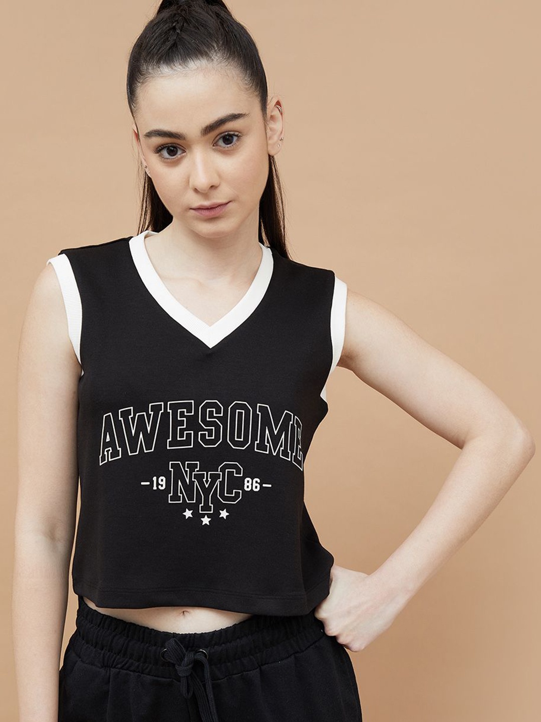 Kappa Women Typography Printed V-Neck T-shirt, Black