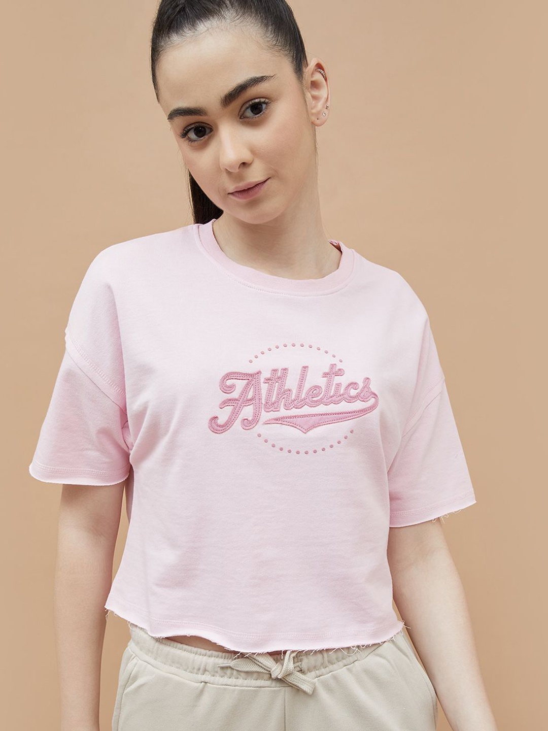 

Kappa Women Typography Printed Round Neck Boxy Fit Cotton T-shirt, Pink