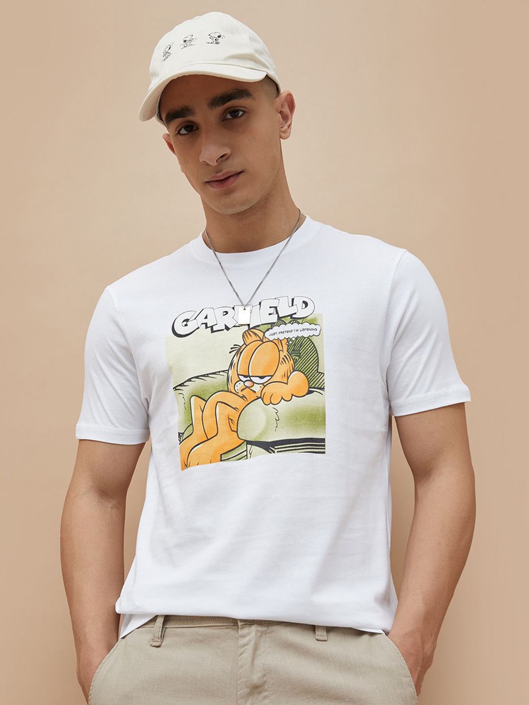 

Fame Forever by Lifestyle Men Garfield Graphic Printed Round Neck Cotton T-shirt, White