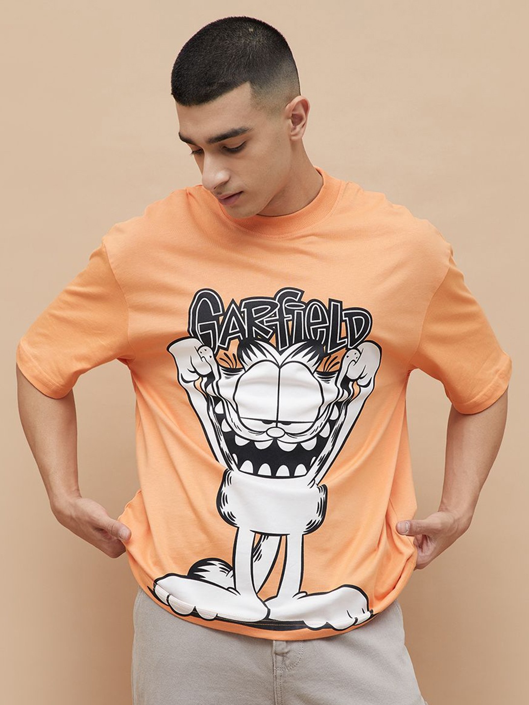 

Fame Forever by Lifestyle Men Garfield Graphic Printed Cotton Relaxed Fit T-shirt, Orange