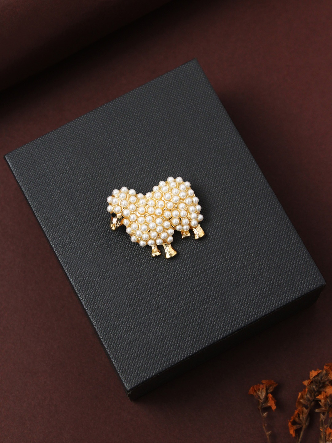 

House of Pataudi Men Pearls Beaded Sheep Brooch, Gold