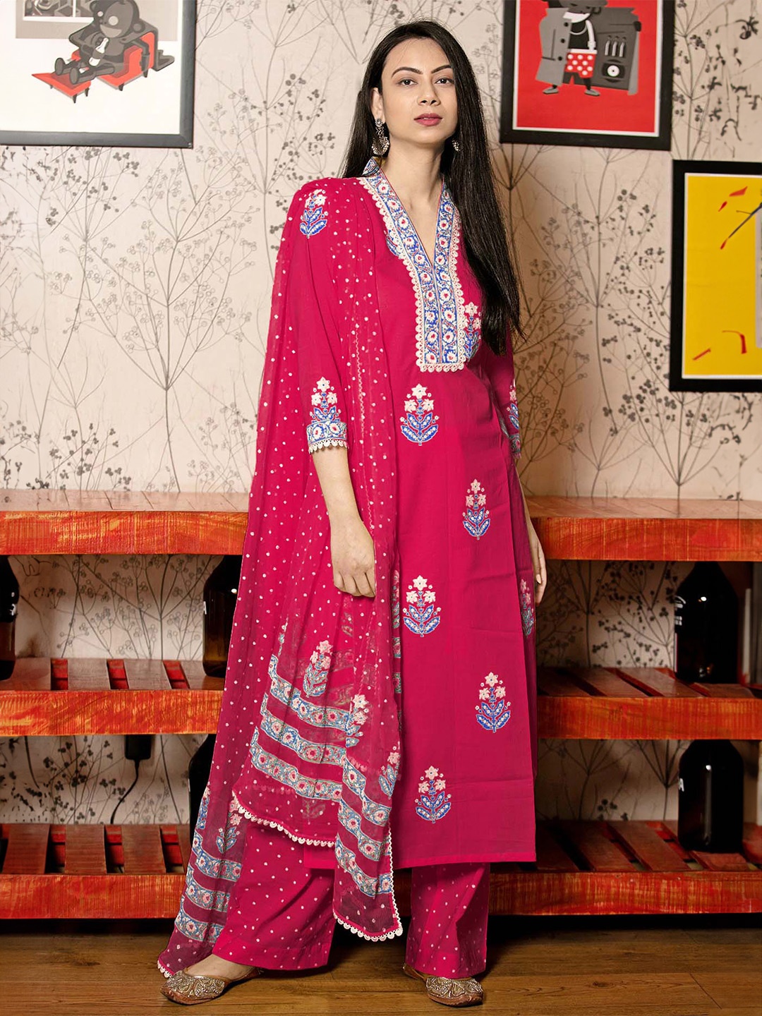 

Anni Designer Floral Printed Straight Kurta With Palazzos And Dupatta, Pink