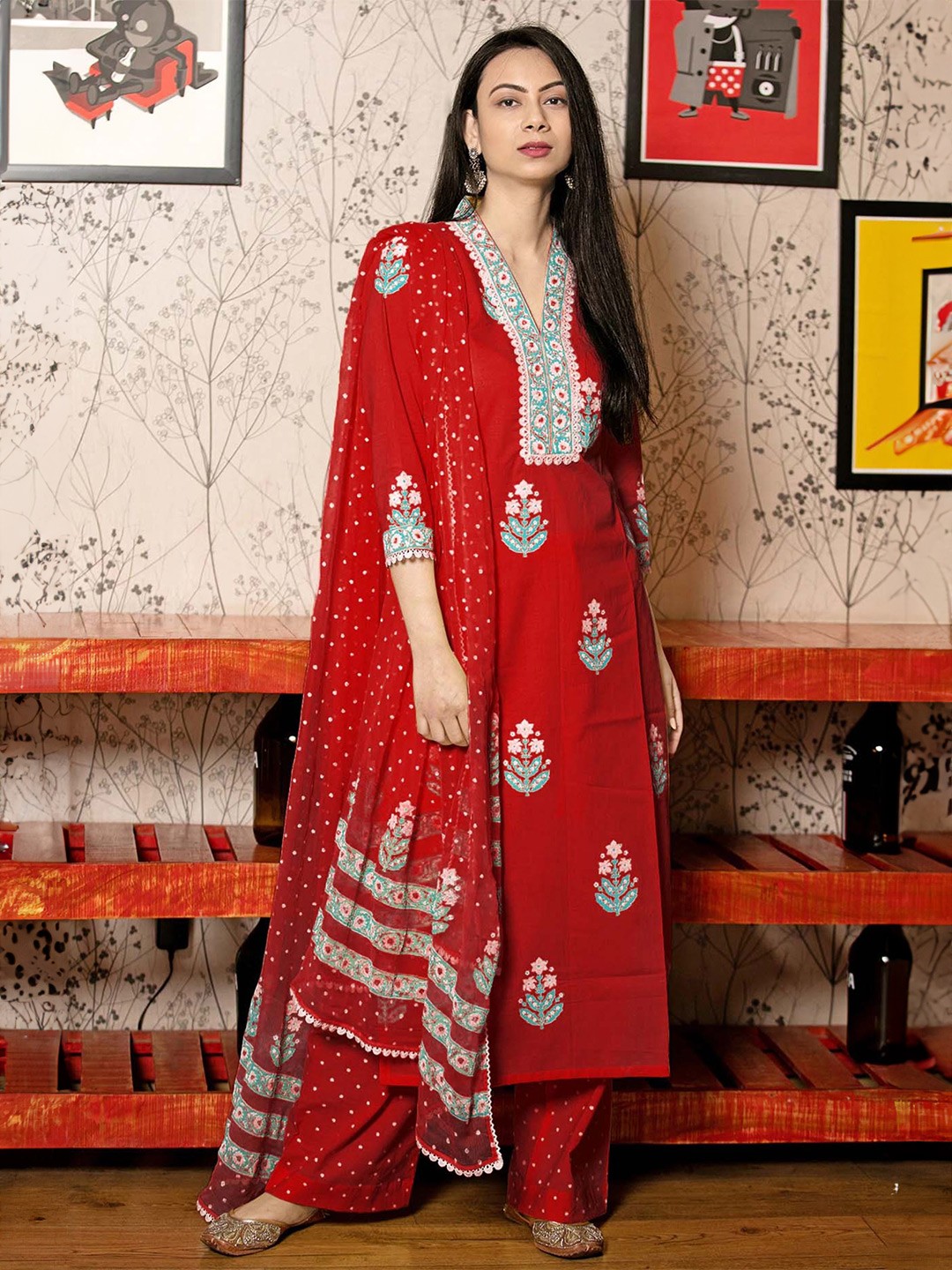 

Anni Designer Floral Printed V-neck Straight Kurta With Palazzos & Dupatta, Red