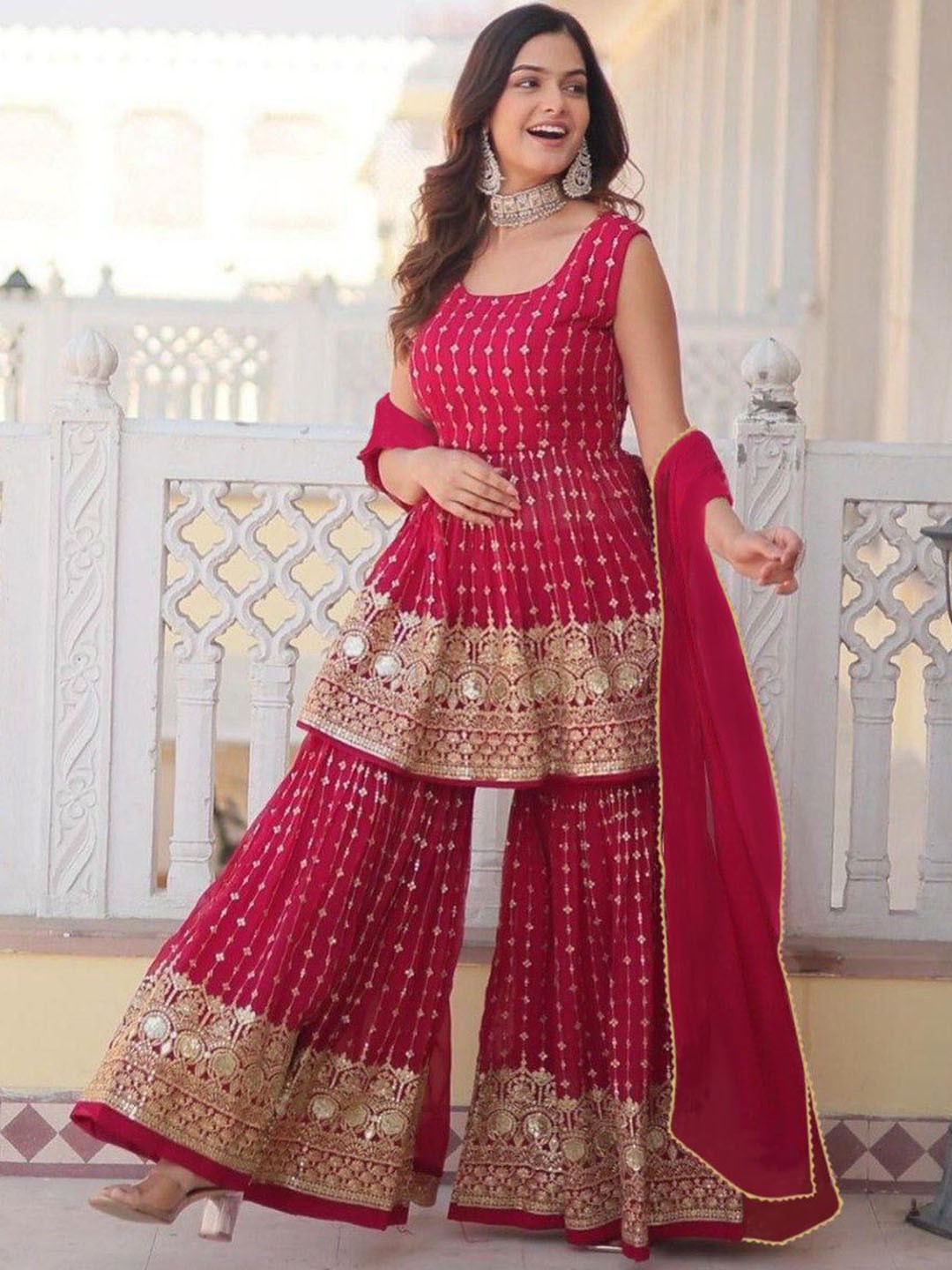

BAESD Embroidered Thread Work Round Neck Georgette Anarkali Kurta, Pink