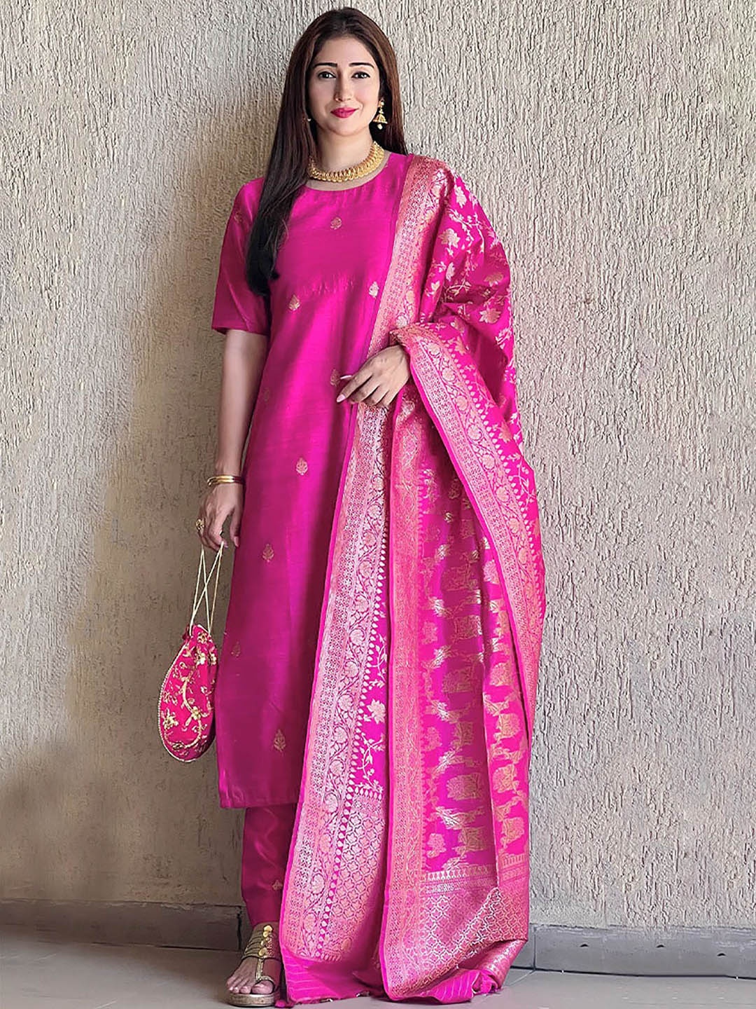 

BAESD Floral Woven Design Straight Kurta With Trousers And Dupatta, Pink