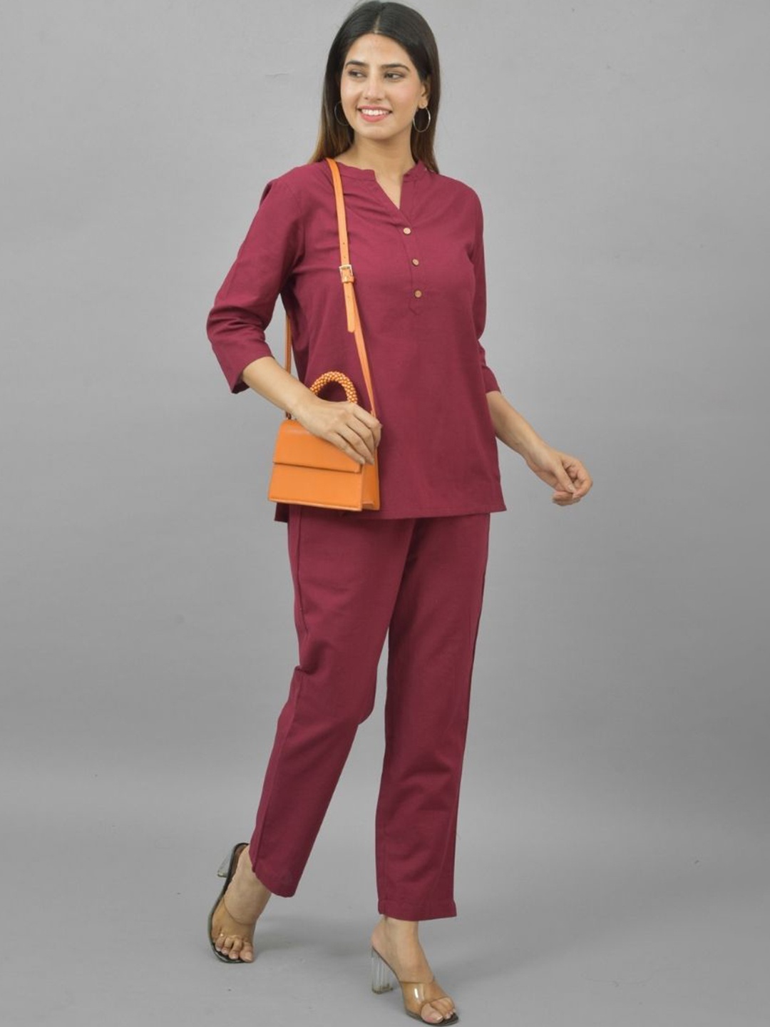 

ATARAH Mandarin Collar Pure Cotton Tunics & Trousers Co-ords, Red