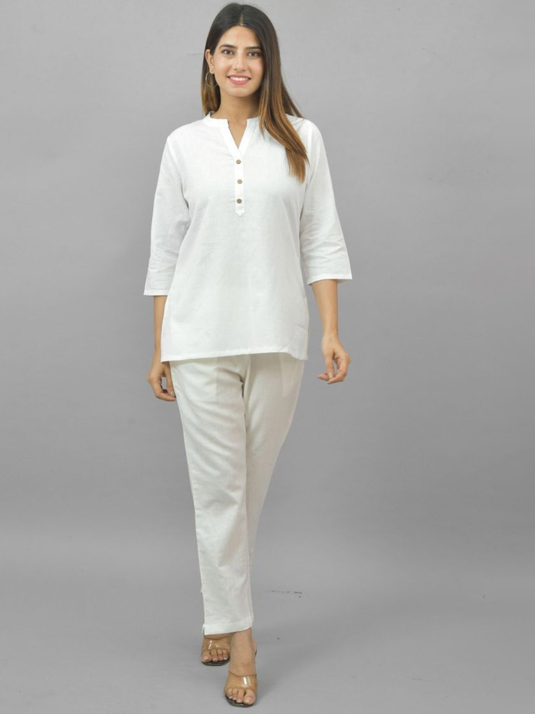 

ATARAH Mandarin Collar Pure Cotton Tunics & Trousers Co-ords, White