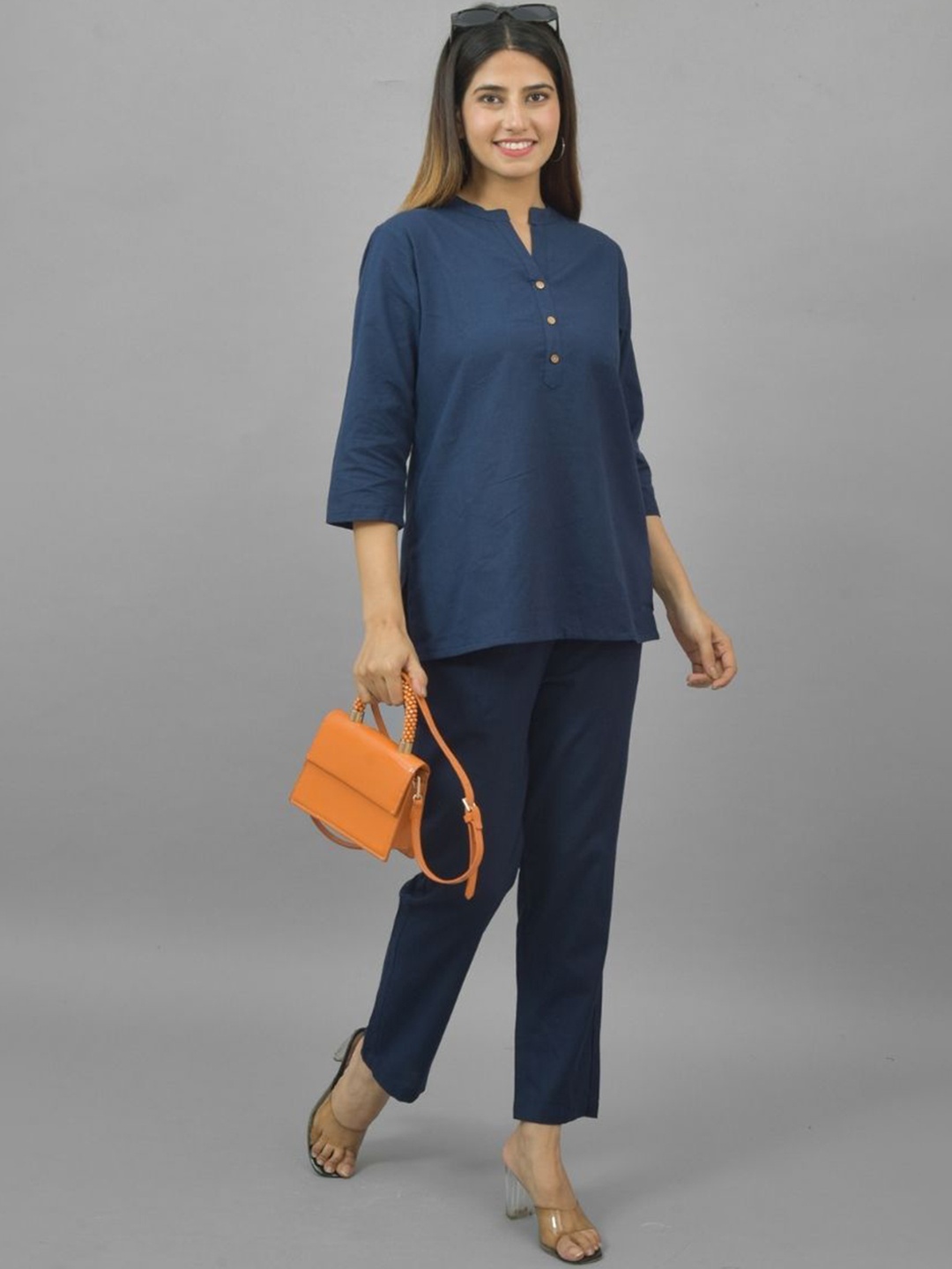 

ATARAH Mandarin Collar Pure Cotton Tunics & Trousers Co-ords, Navy blue