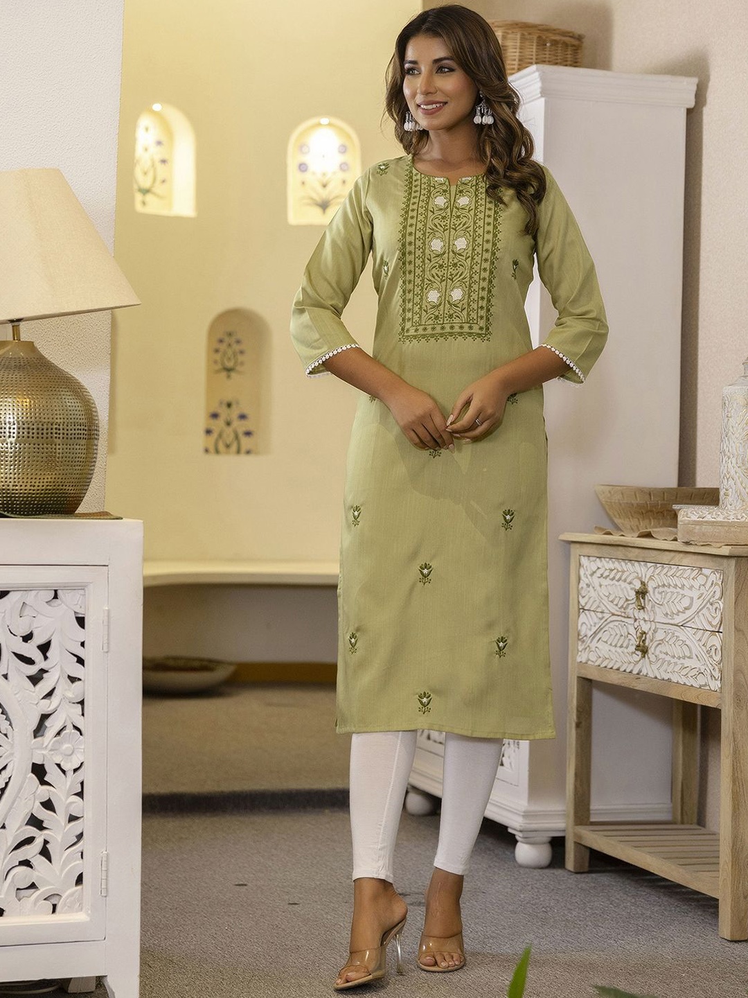 

KALINI Floral Embroidered Notch Neck Thread Work Straight Kurtas, Green