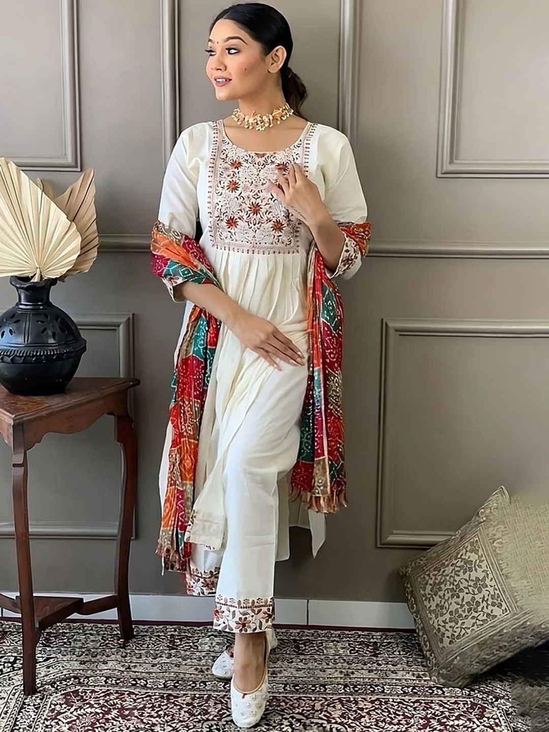

BAESD Thread Work Round Neck A-Line Kurta with Trousers And Dupatta, White