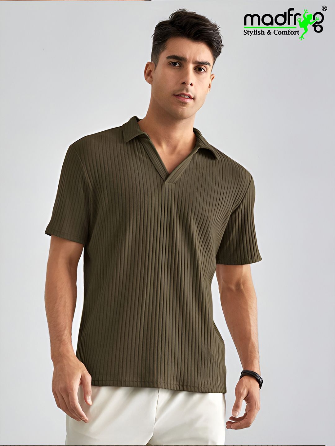 

madfrog Men Striped Polo Collar T-shirt, Olive