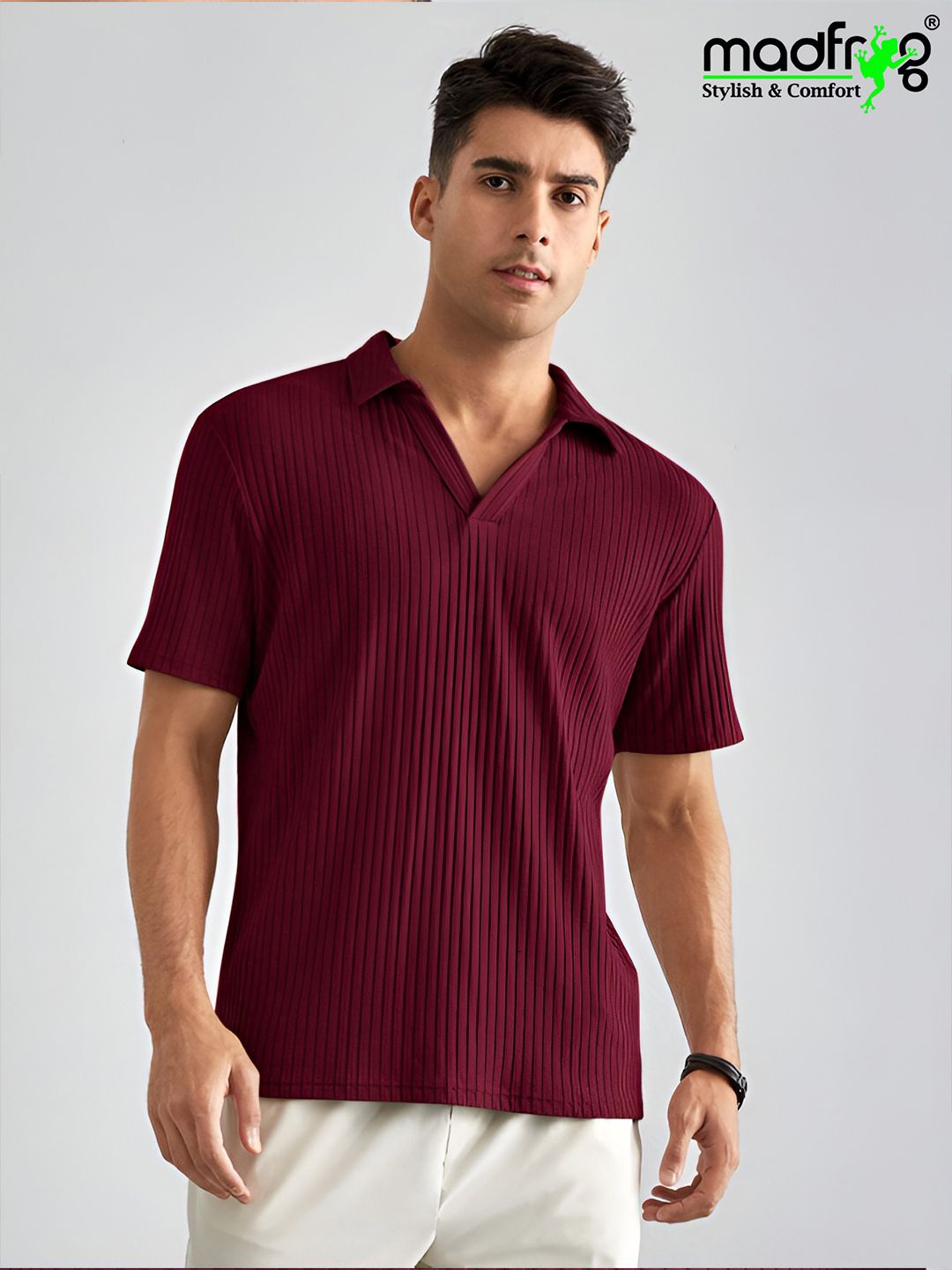 

madfrog Men Striped Polo Collar T-shirt, Maroon