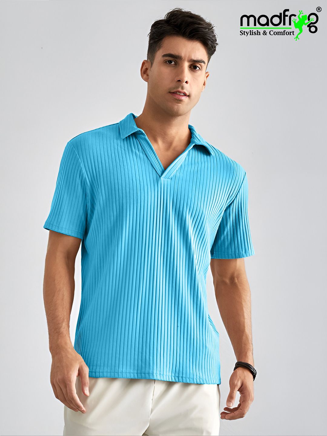 

madfrog Men Self Design Polo Collar T-shirt, Turquoise blue