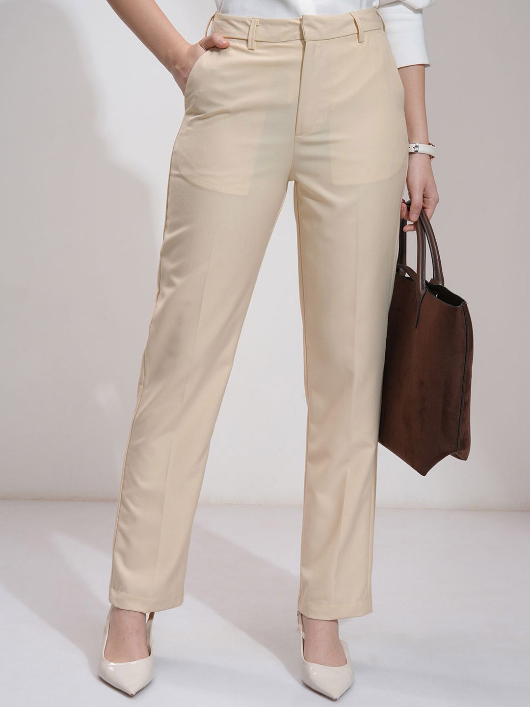 

Tokyo Talkies Women Solid Pure Cotton Pleated Formal Trouser Pants, Beige