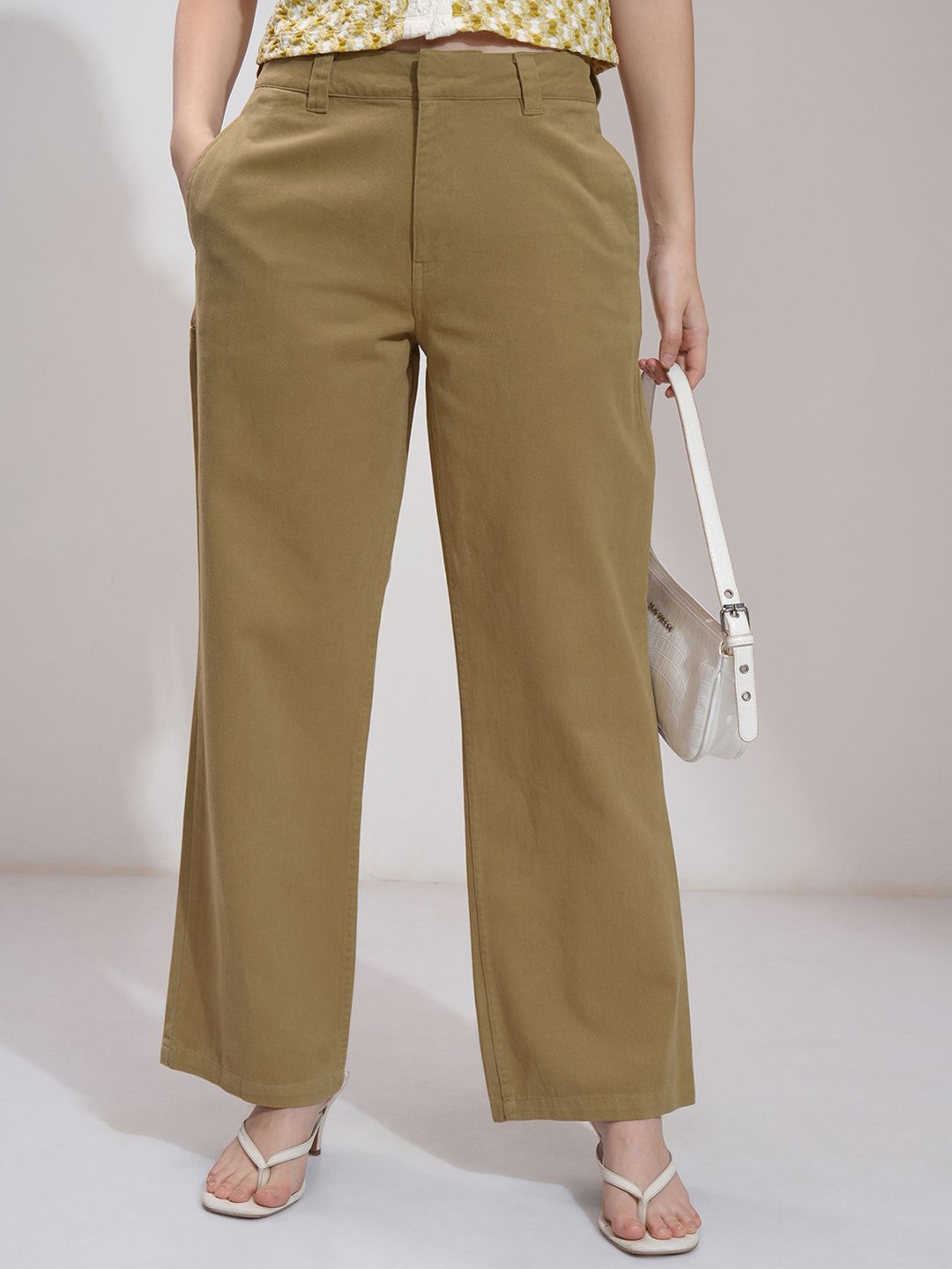 

CHIC BY TOKYO TALKIES Women Cotton Relaxed Fit Mid-Rise Flat-Front Wide Leg Trousers, Khaki