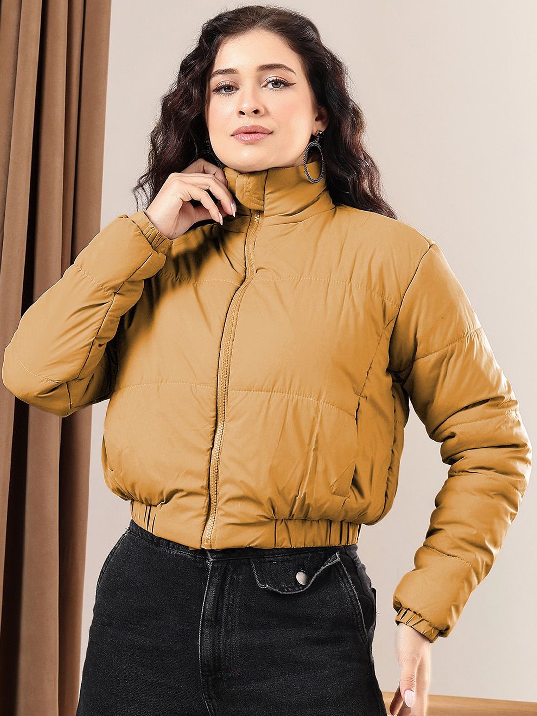 

Kotty Women Mock Collar Solid Casual Insulator Puffer Jacket, Beige