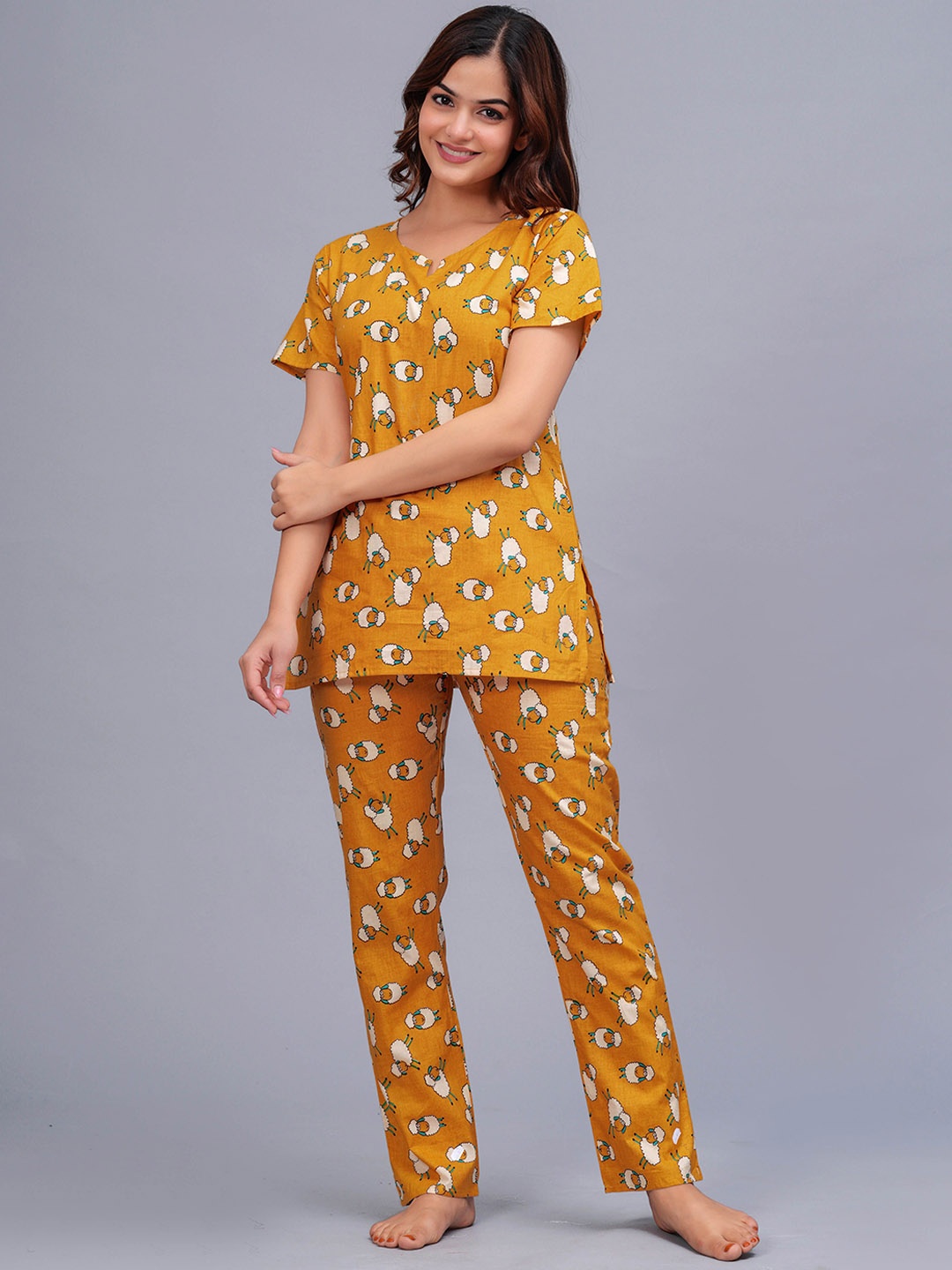 

Bachuu Women Sheep Printed Night suit, Mustard